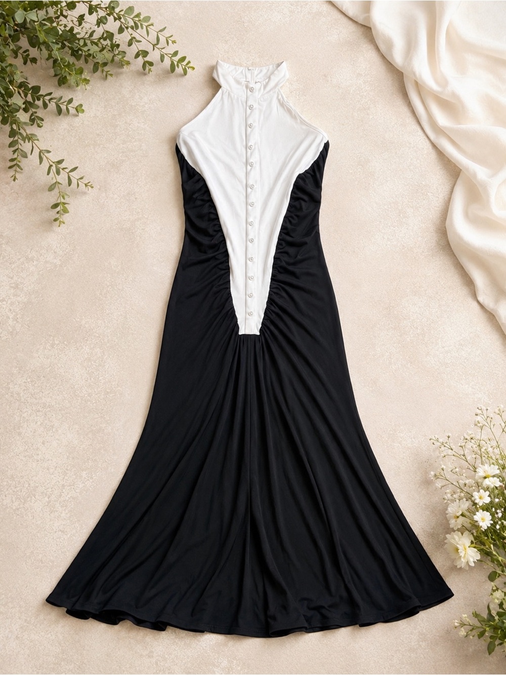 Sz L Monaco Pearl Evening Tuxedo Style ” Black & White Ruched Halter Maxi Dress - Picture 2 of 4